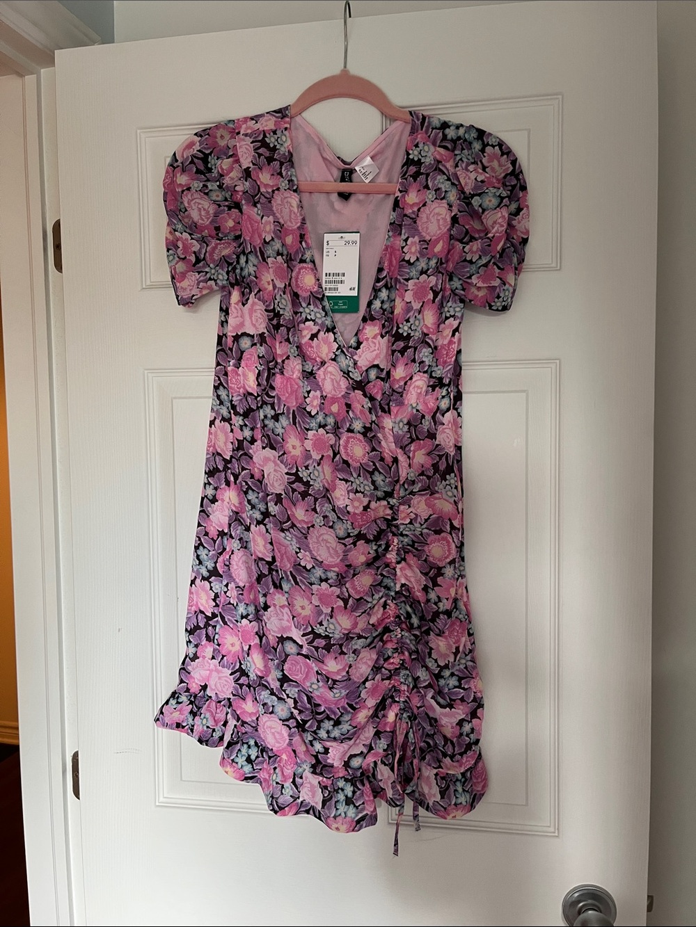 Divided Pink Floral Wrap Mini Dress with Puff Sleeves